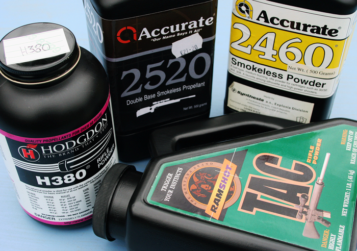 ‘Spherical’ powders, old and new. (The Ramshot TAC bottle is an old one, this shape used during its earlier appearance in the UK.) The ‘Accurate’ powders are Czech Lovex types