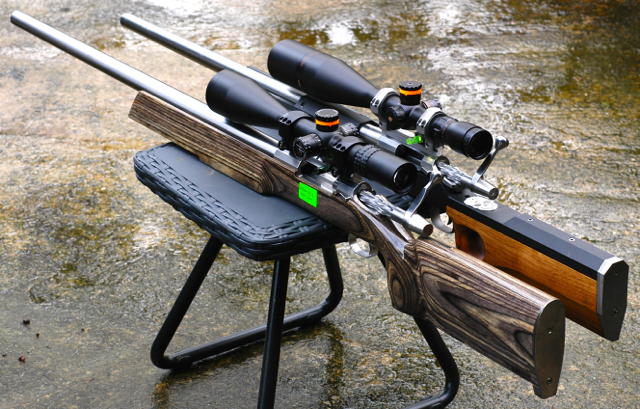 My current Smacks – foreground 600/1000 yd benchgun and my F Class rig built on Trueflite’s barrel-block stock