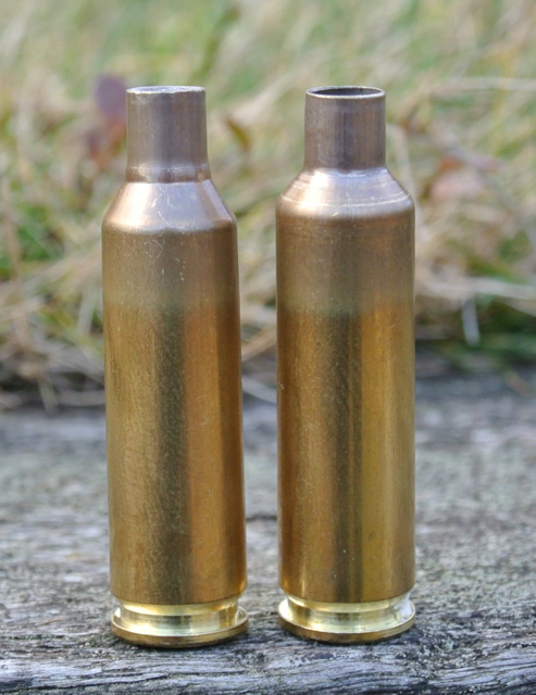 Before and after fireforming. The 6.5x47 Lapua case is partially ‘necked’ to create a shoulder. One firing with Bullseye and a wax-plug gives a reasonable Smack case - good enough for load development and running-in the barrel.