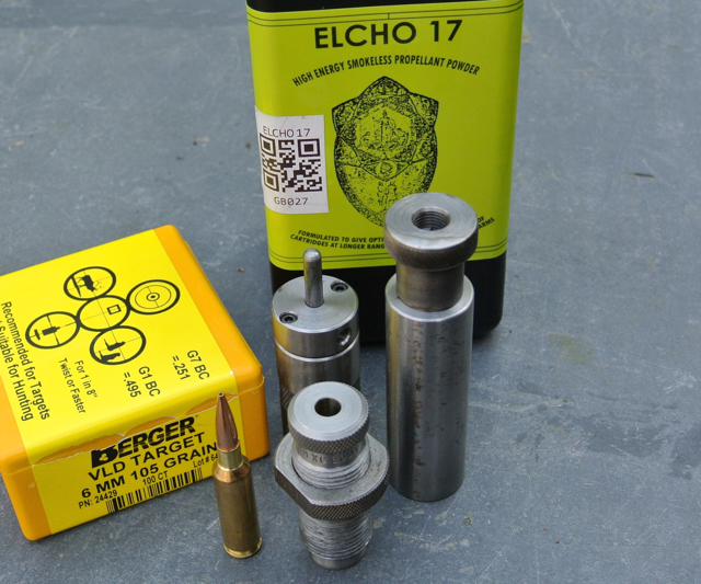 The little ‘sixes’ love Elcho 17 powder. It’s similar to Reloader 17 and is now offered by Swiss Powders as RS60. Dies are Wilson plus a Redding body die for shoulder bump.