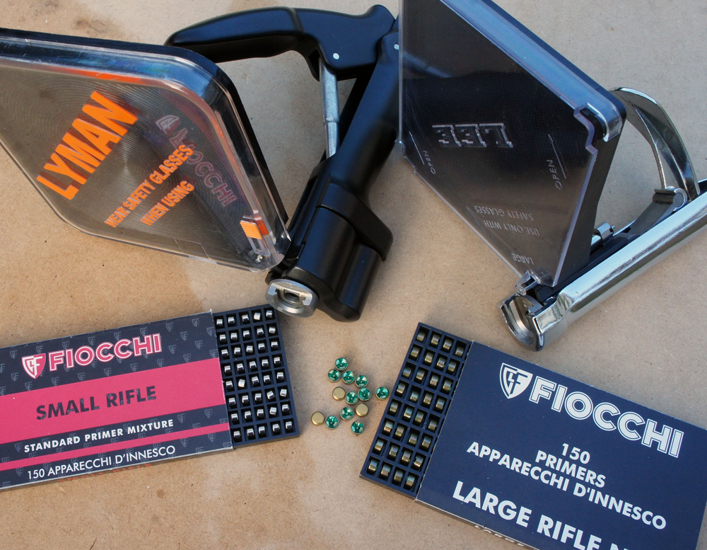 Recently introduced Fiocchi primers and the Lyman E-ZEE Priming tool (rear left) with the XR version of the Lee Auto-Prime.
