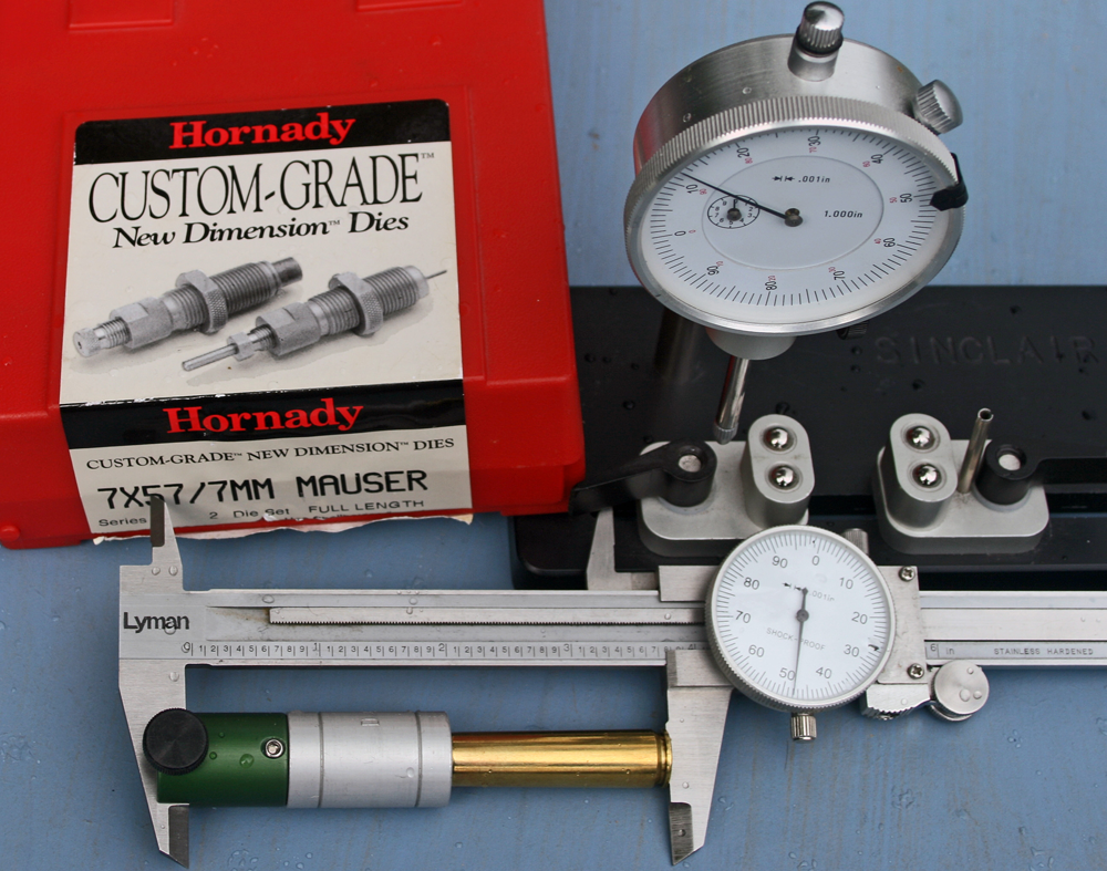 Tools (3): Dies, headspace (case) gauge, Sinclair concentricity gauge.