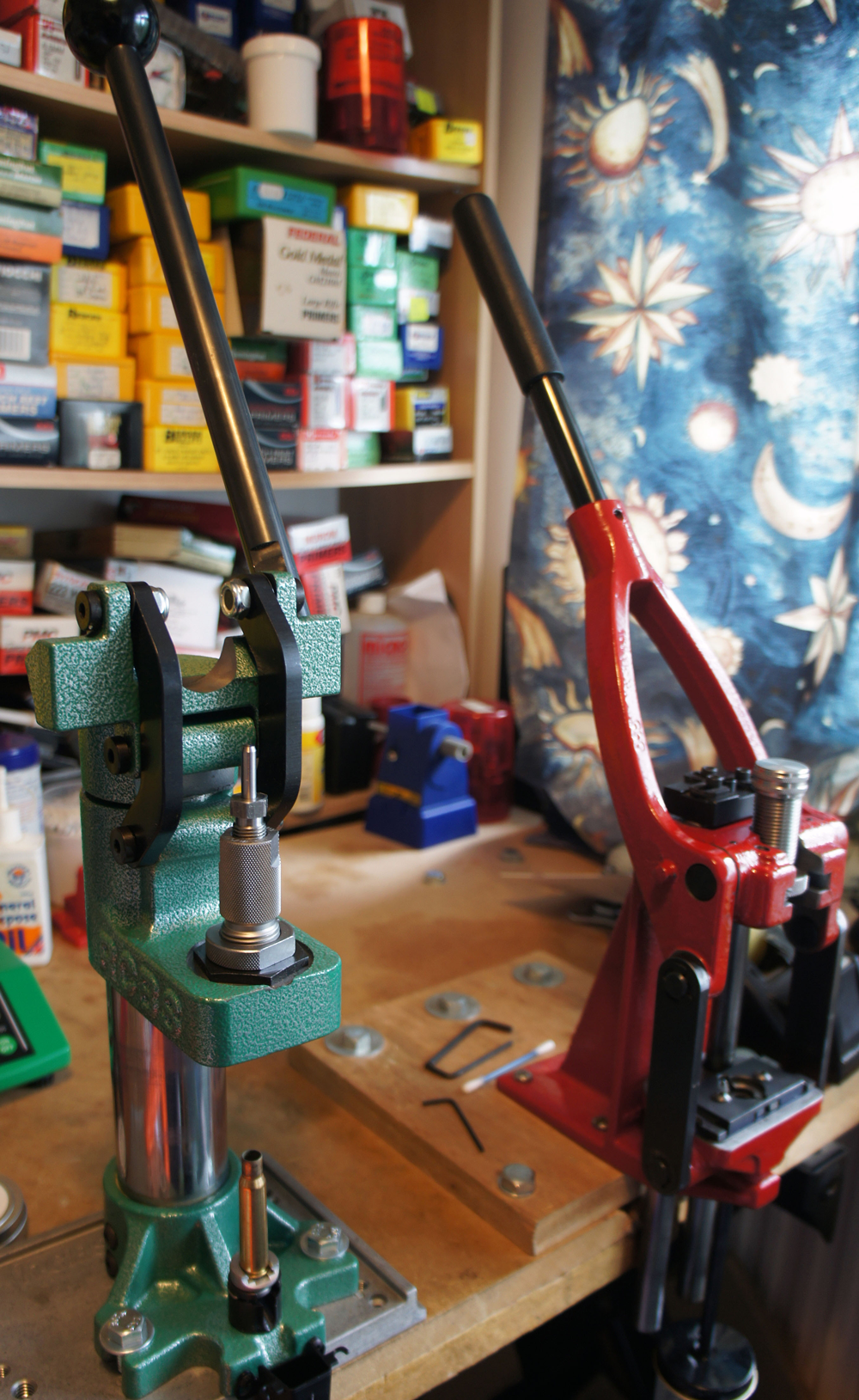 Summit and Co-Ax – two tall thin presses with handles positioned above them. (Long versions installed.)