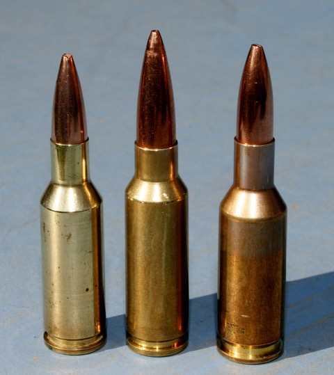 The Grendel (centre) has a shared heritage with the 6PPC (left) both derived from the .220 Russian. It matches 6BR (right) case capacity though.