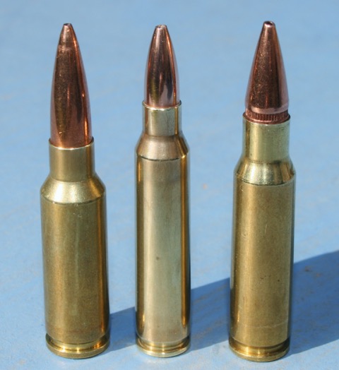 M4 carbine ammo contenders. Left to right 6.5 Grendel; existing 5.56 Nato; 6.8mm SPC. The US Army briefly adopted the SPC for limited Special Forces deployment