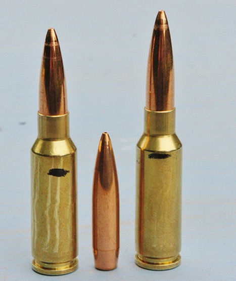 The Grendel and 123gn Lapua Scenar loaded to 2.25” COAL left, and for single-shot use in a long-throated rifle (right)