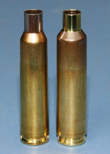 The largest capacity cartridges of the sextet: 6.5X55 (left) at ~59gn water capacity and the rebated-rim 6.5-284 with ~66gn.