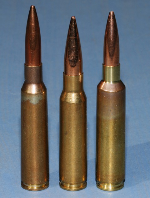 6.5X55 and 6.5-284 loaded with 140s flank a 308 Winchester showing their extra length