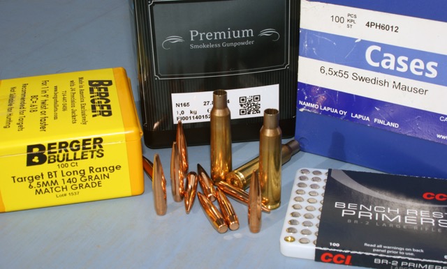 The author’s pet load for 6.5X55 used Lapua brass, CCI-BR2 primer, 140gn Berger BT Long Range bullet and a full case of Viht N165 for 2,845 fps in a 30-inch barrel.