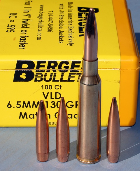 6.5X55 with three possible weights of match bullets. Left to right 123gn Scenar; 130gn Berger VLD; 140gn Berger BTLR. Modelling comparative external ballistics performance showed much less difference than expected.